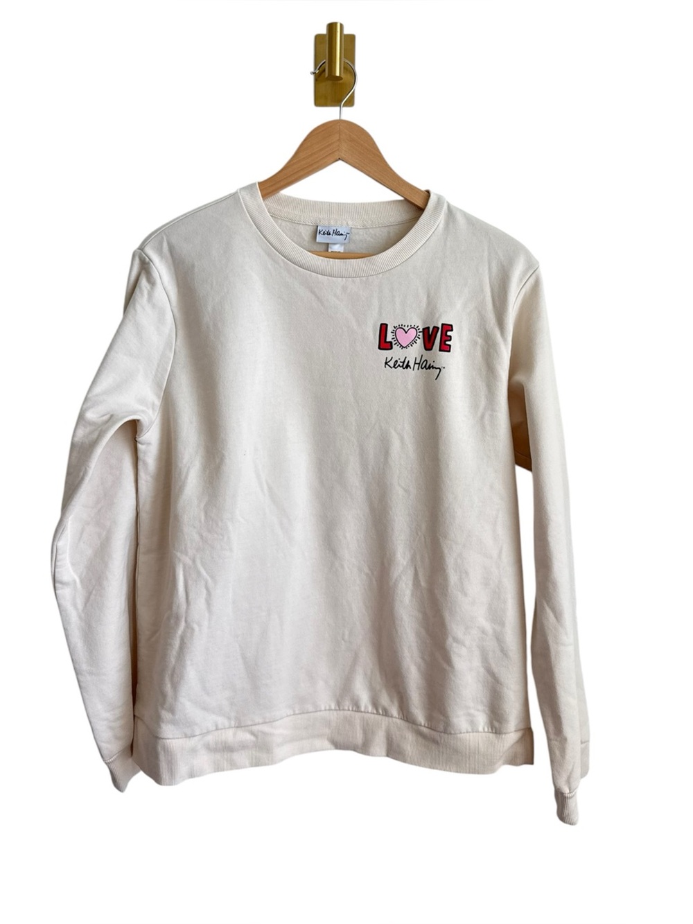 Keith Haring Love Heart Graphic Crewneck Sweatshirt Cream White Medium